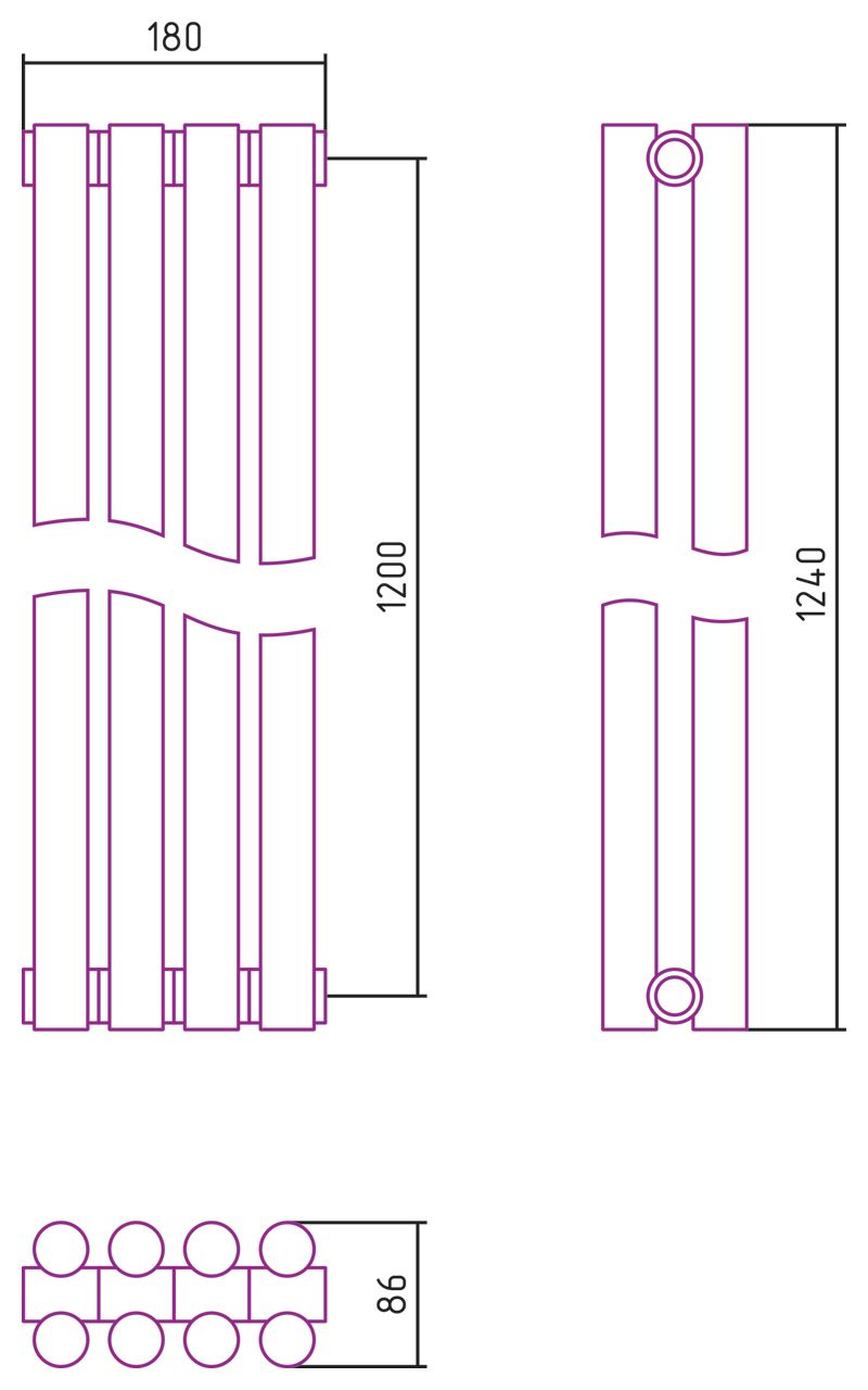 Отопительный радиатор ЭСТЕТ-11 н/ж 1200х180 / 4 сек (Матовый ЧЁРНЫЙ)