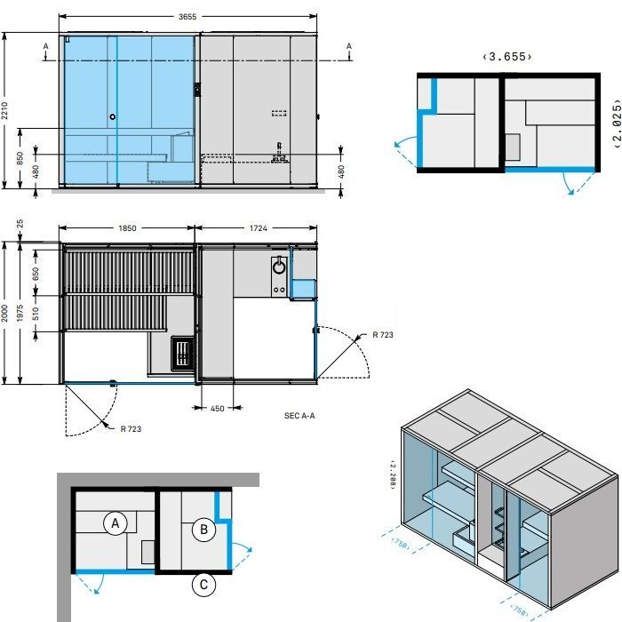 Effegibi BodyLove SH  365x202xh220 см, размещ. в угол S.X., сауна-термообр.дерево, хаммам гл-ое стекло, наруж. стены термообр. древесина гл-ая