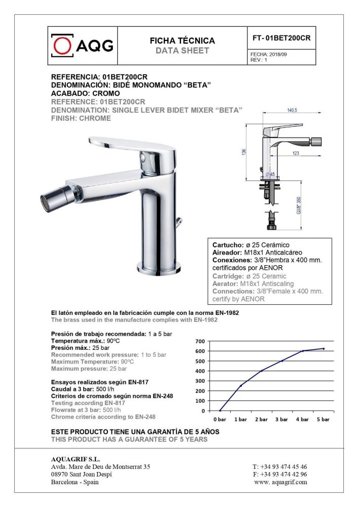 AQG Beta, однорычажный смеситель для биде без донного клапана, цвет хром, артикул 01BET200CR