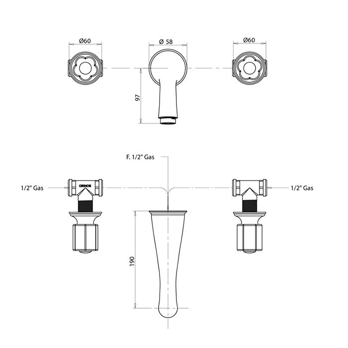 Bongio Fleur Blanc Смеситель встраваемый для раковины с изливом 190мм, цвет хром/белый фарфор(комплект-со встраиваемой частью)