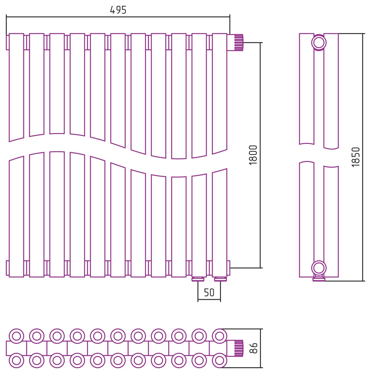 Отопительный радиатор ЭСТЕТ-00 н/ж EU50 1800х495 / 11 сек (Состаренная ЛАТУНЬ)
