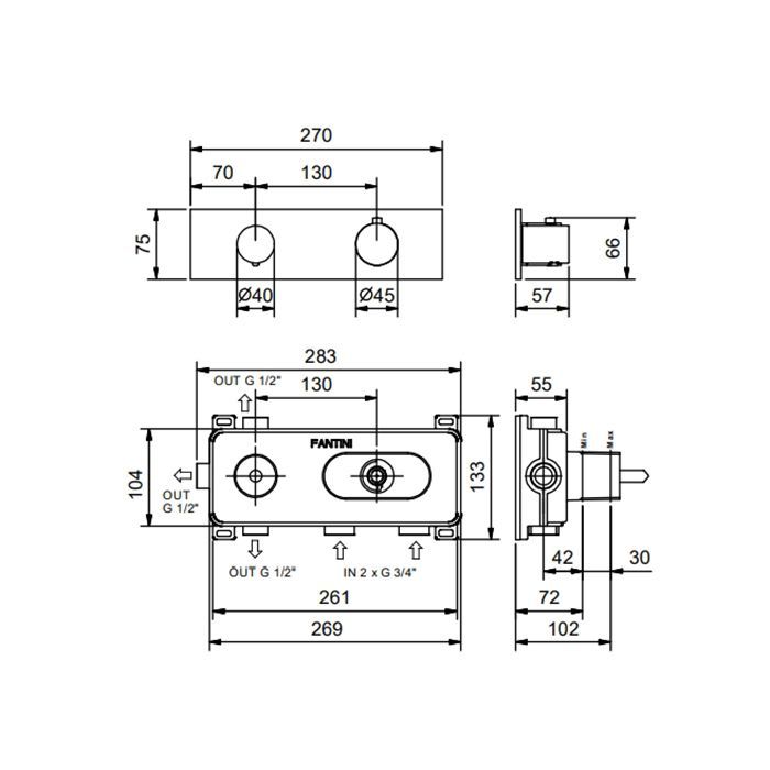 FANTINI Смеситель для душа встраиваемый, термостатический, внешняя часть, цвет Matt Gun Metal PVD