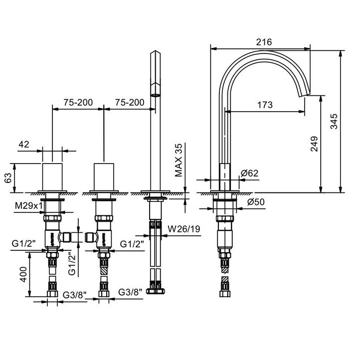 Fantini Venezia In Смеситель для раковины, 3 отв., с нажимн. донным клапаном, излив 150мм, цвет: Matt Copper PVD