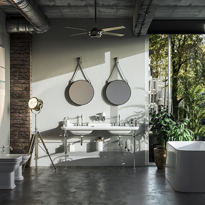 Kerasan Waldorf Раковина керамическая двойная 150х55см, c 1 отверстием под смеситель, белая, цвет заглушки - хром, артикул 4143K1bi/cr*1