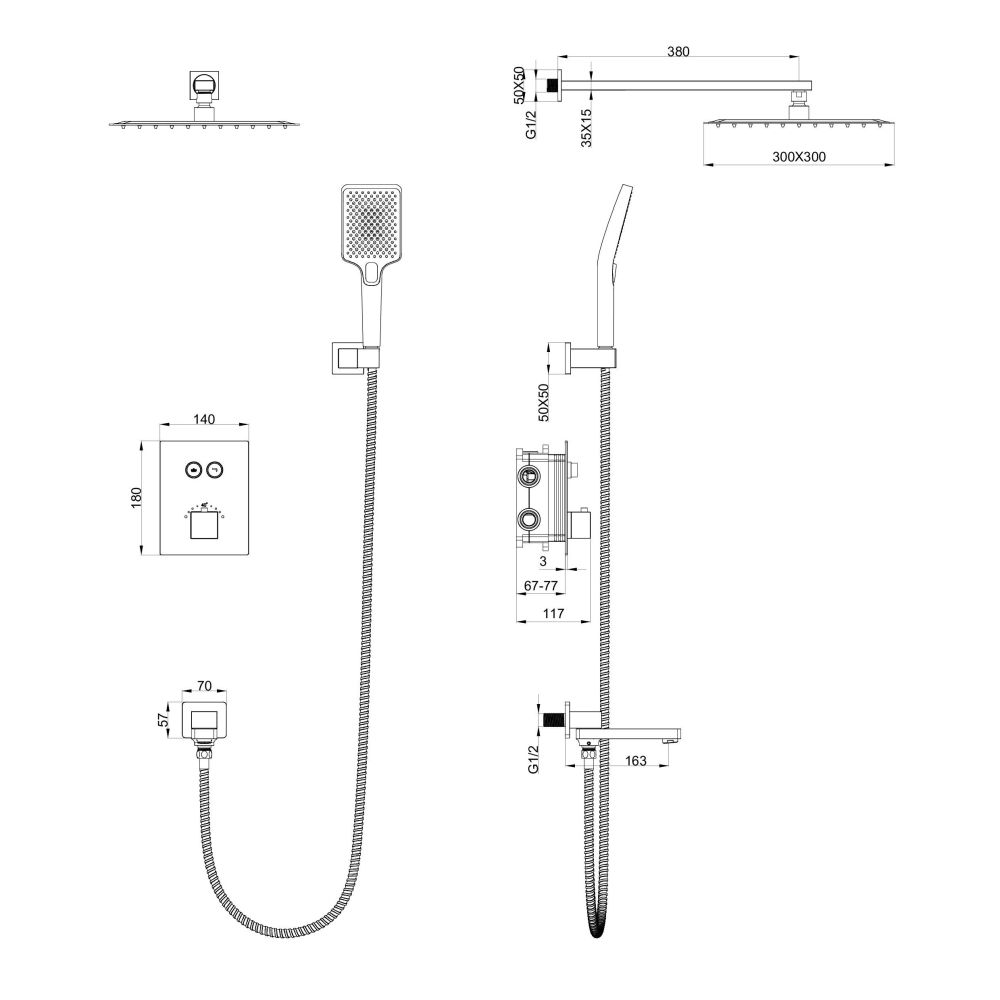 Душевая система с термостатом встраиваемая WONZON & WOGHAND, Брашированный никель (WW-88929003-BN), артикул WW-88929003-BN