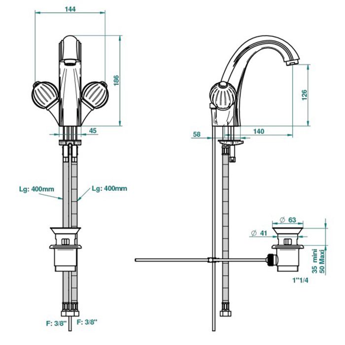 THG MANDARINE METAL Смеситель для раковины на 1 отверстие, с донным клапаном, цвет хром/золото
