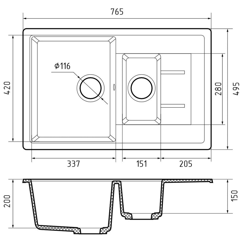Кухонная мойка GranFest QUADRO 775KL, черный, артикул Q-775KL черный