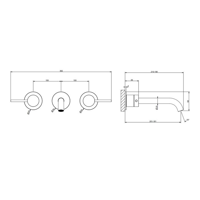 GESSI 316 Встраиваемый смеситель с изливом 200-180мм (внешние части), цвет:Black XL