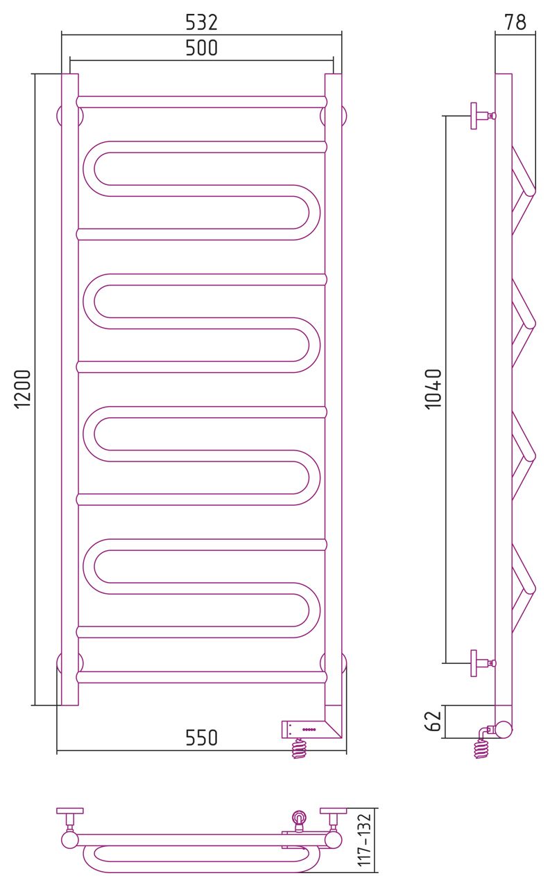 Полотенцесушитель электрический "ЭЛЕГИЯ 2.0" 1200х500 / МЭМ правый (Без покрытия)