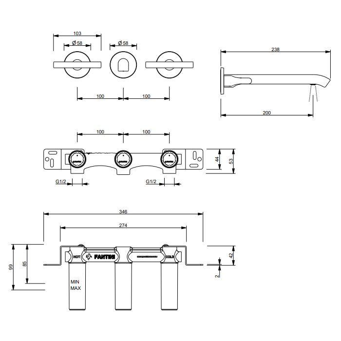 FANTINI SAILING Смеситель для раковины настенный встраиваемый, двухвентильный, внешняя часть, цвет Deep Black PVD