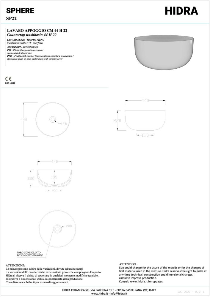 Hidra Sphere, накладная круглая раковина Ø44х22h см, цвет белый глянцевый, артикул SP22/001