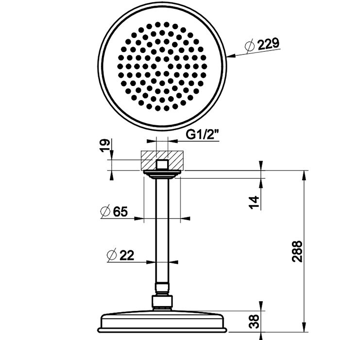 GESSI VENTI20 Верхний душ Ø200 мм., с потолочным держателем 288 мм., цвет Finox Brushed Nickel