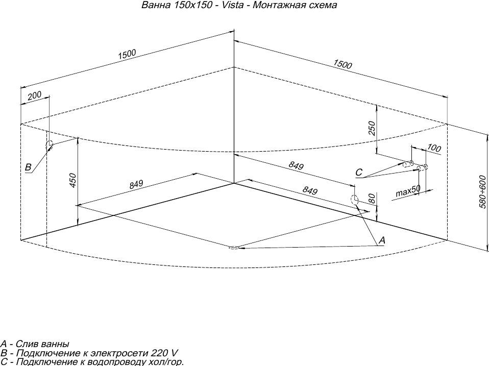 Акриловая ванна Aquanet Vista 150x150 Акриловая ванна Aquanet Vista 150x150