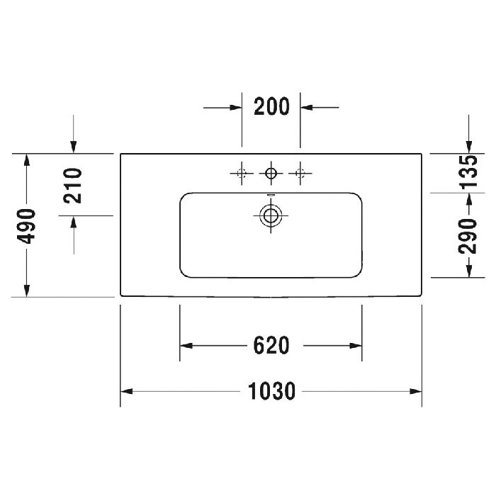 Duravit ME by Starck Раковина для мебели с перел., с 3 отв. под смес., 1030x490мм, Цвет: Белый