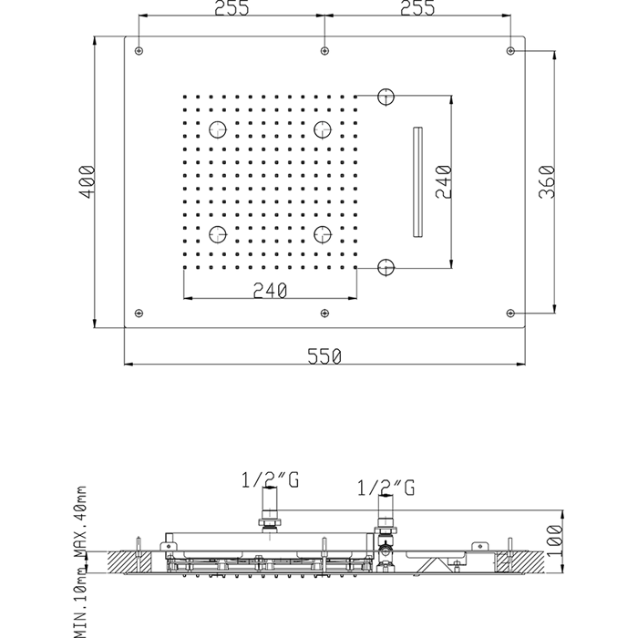 CISAL Zen Shower Встраеваемый верхний душ 55х40 см,3 типа струи,хромотерапия,выключатель,трансформатор, цвет полированная нержавеющая сталь