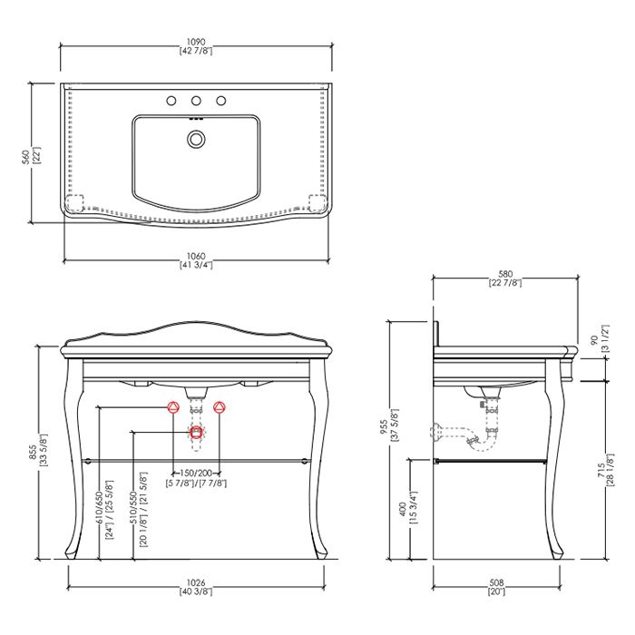 Devon Jacqueline Ceramic Консоль (109х58хh85,5/95,6 см):керамич. раков.с 3отв., цвет:бел.с металл.структ.напольн, цвет:хром (полка дымчатая), артикул DEJACQ3FBICRFU