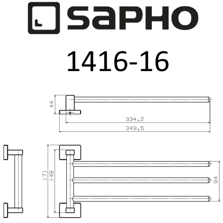 Полотенцедержатель APOLLO, тройной, поворотный 334 мм, хром, Sapho, артикул 1416-16