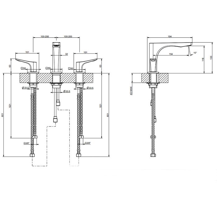 GESSI Rilievo Смеситель для раковины на 3 отв. без донного клапана h=125мм, излив 154мм, цвет: nero XL