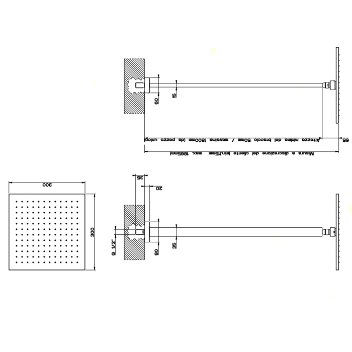 Gessi Rettangolo Верхний душ для потолочного крепления 300x300мм, высота от 115 до 1865мм, цвет: хром