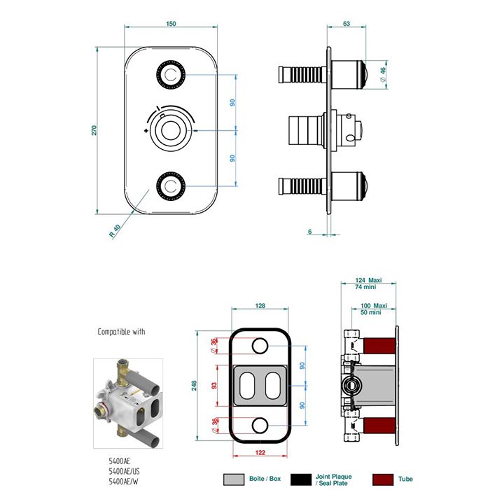 THG MALMAISON PORTORO Смеситель для душа встраиваемый, термостатический, с 2 запорными вентилями, внешняя часть, цвет состаренный никель