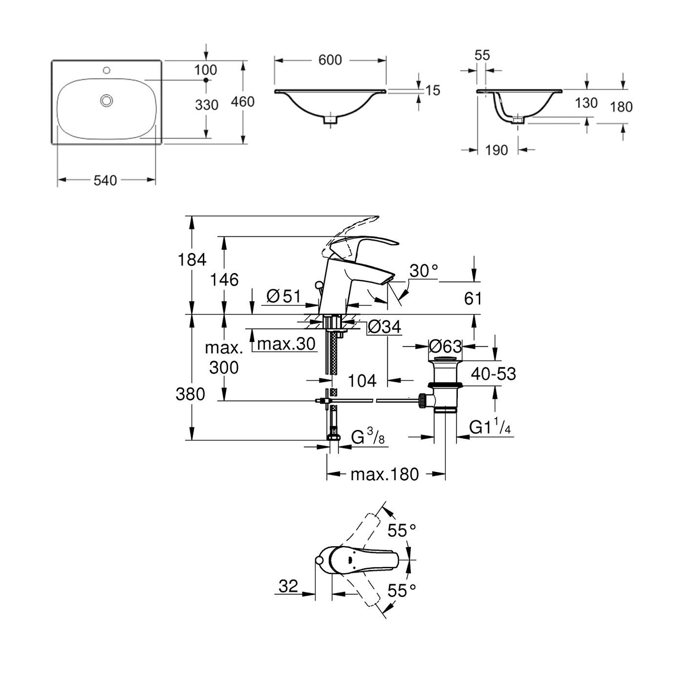 Комплект 2 в 1 Lavinia Boho Bathroom Sink 21510439, врезная фарфоровая раковина 60 см, смеситель с донным клапаном
