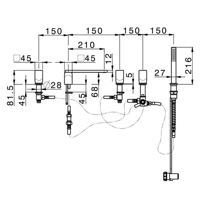 CISAL HI-RISE Смеситель для установки на борт ванны на 5 отверстий, двухвентильный, с изливом и ручным душем, цвет хром, артикул RI00026021