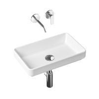 Комплект 4 в 1 Lavinia Boho Bathroom Sink Slim 21510134, накладная фарфоровая раковина 55 см, встраиваемый смеситель со скрытым механизмом, латунный сифон, донный клапан quick-clac