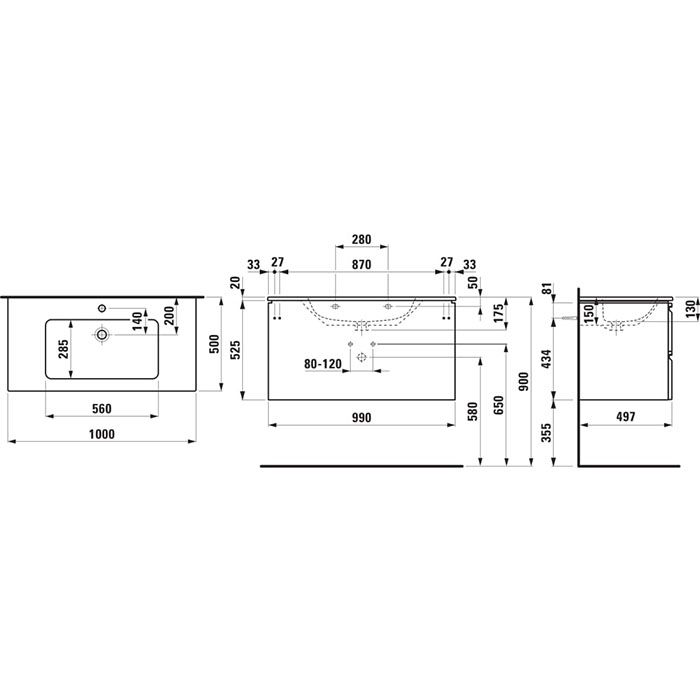 LAUFEN PRO S шкафчик под раковину, 1000х500х545 мм, с раковиной Slim 1000 мм, 2 ящика, включает в комплект органайзер для ящика, белый глянцевый, артикул 8.6196.5.475.104.1