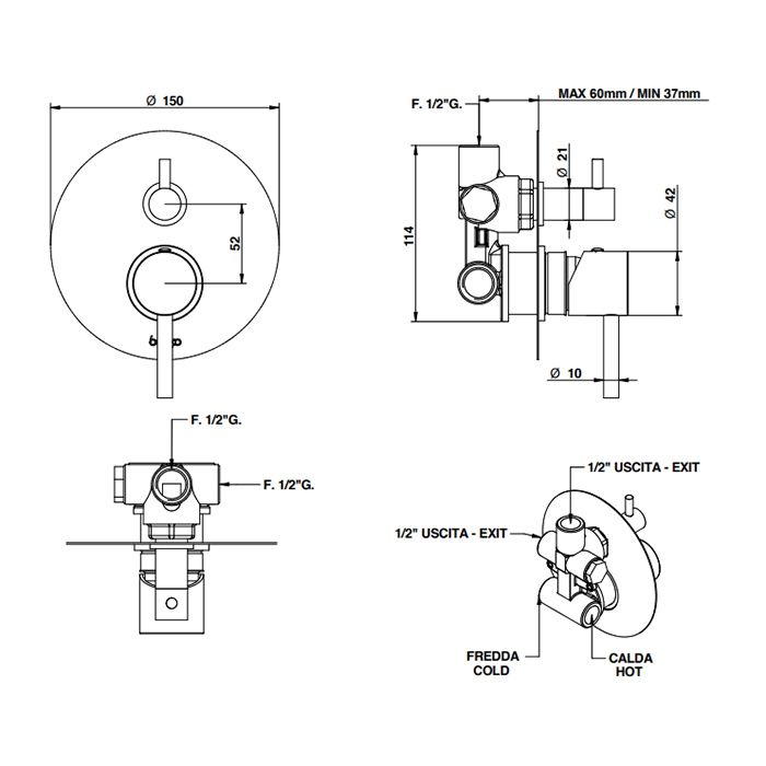 Bongio Project Встраиваемый смеситель для душа на 2 выхода ,цвет хром (без встраиваемой части 09763), артикул 68519CRPREU