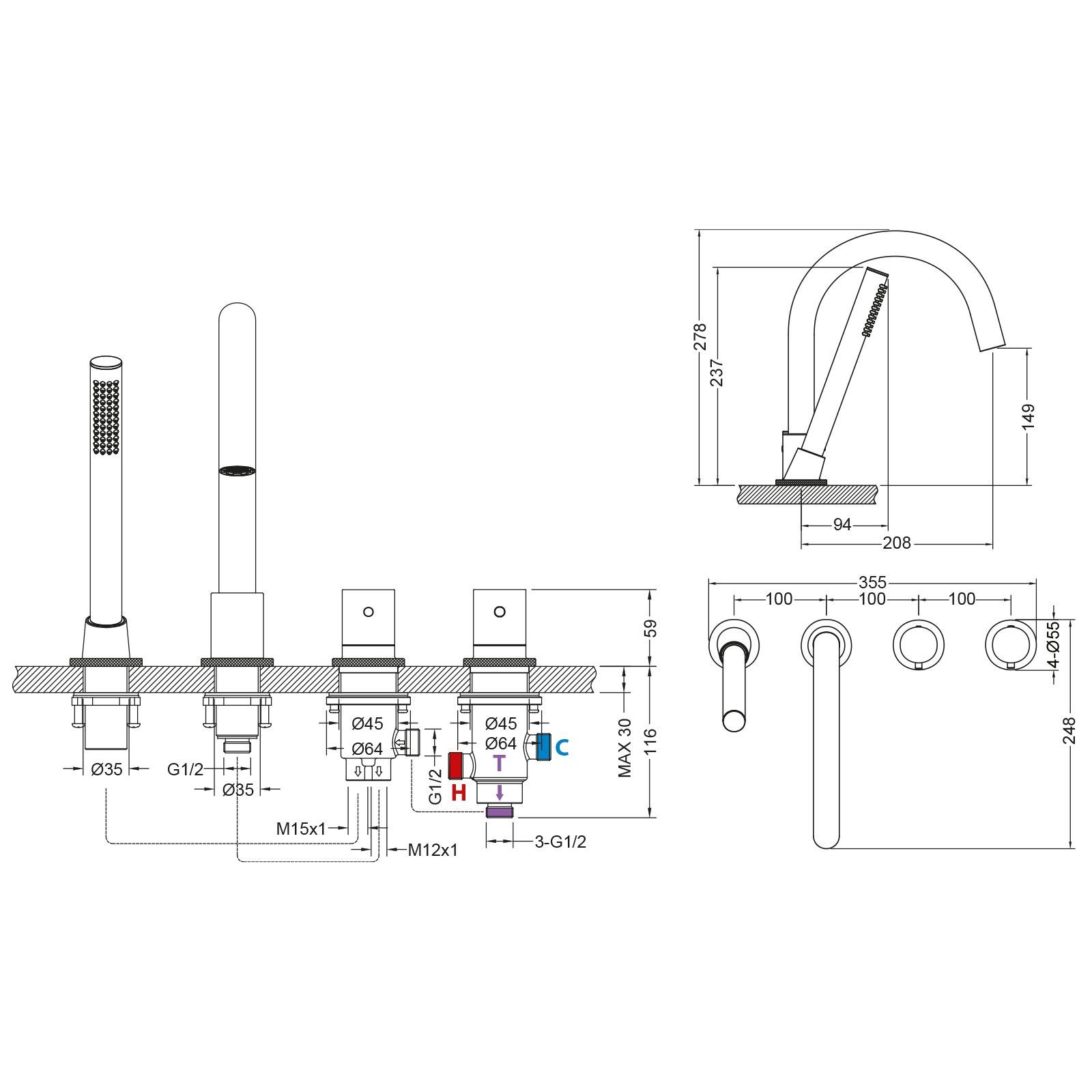 Смеситель для ванны с душем, врезной с термостатом Timo Saona 2330/18Y черное золото, артикул 2330/18Y