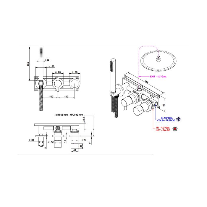 Bongio GIO3 Смеситель для ванны встроенный на 3 отв, с дивертором , цвет: хром (с внутр частью 0969000DP)
