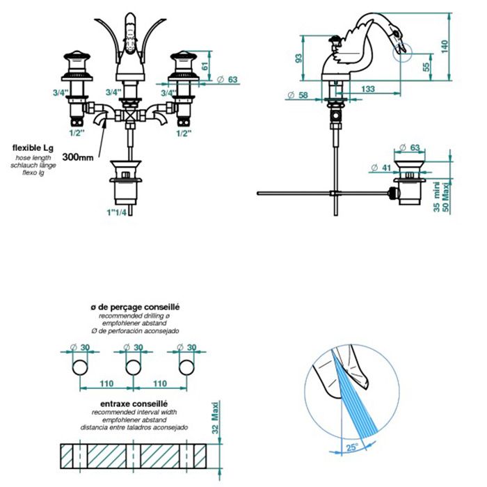 THG CYGNE Смеситель для раковины на 3 отверстия, низкий излив, с донным клапаном, цвет полированное золото