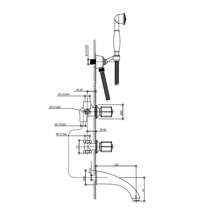 Bongio Fleur Blanc Встраиваемый комплект для ванны-смеситель с изливом, перекл. и ручным душем, цвет золото/белый фарфор(без встраиваемой части 09680)