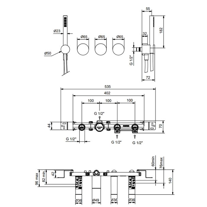 Fantini AF/21 Встроенный смеситель для ванны на 2 потока, ручная лейка FIT, гибкий шланг 150 см, (наружная часть) цвет Matt British Gold PVD