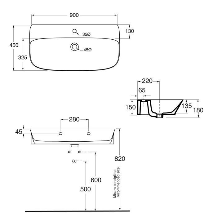 Azzurra PRUA Раковина подвесная 90х45хh18см без отв. под смеситель, цвет белый