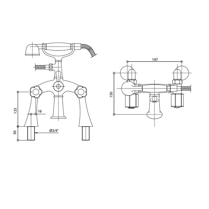 Bongio Fleur Blanc Смеситель на борт ванны (2 отв.) с ручным душем, цвет хром/белый фарфор