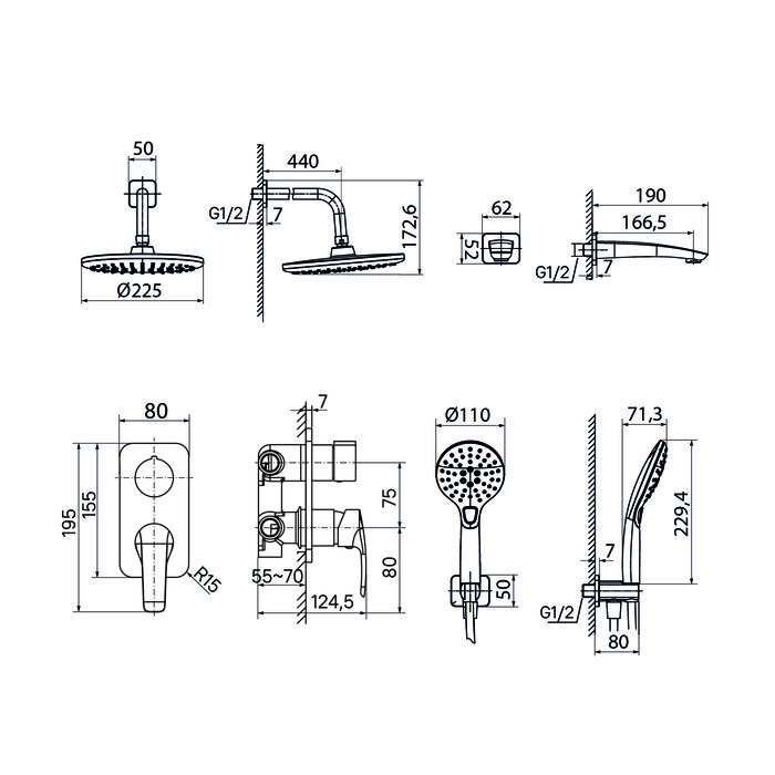 Душевая система скрытого монтажа с тропическим душем, ручным душем и изливом, Ray, IDDIS, (RAYSB03i68), артикул RAYSB03i68