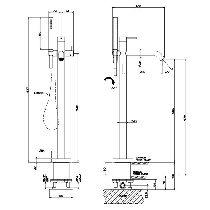 GESSI 316 Напольный смеситель для ванны с душевой лейкой (внешние части), цвет: brushed black metal pvd
