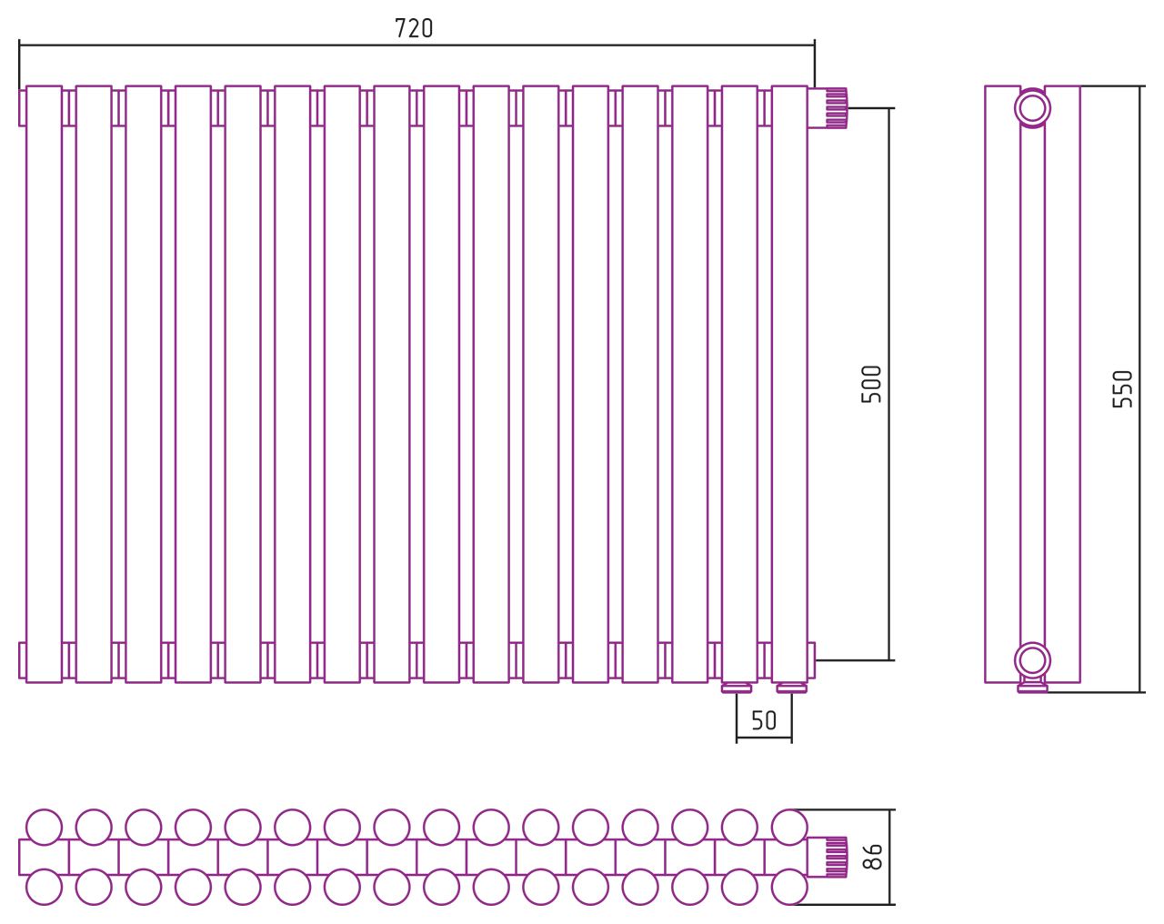 Отопительный радиатор ЭСТЕТ-11 н/ж EU50 500х720 / 16 сек (МУАР Темный Титан)