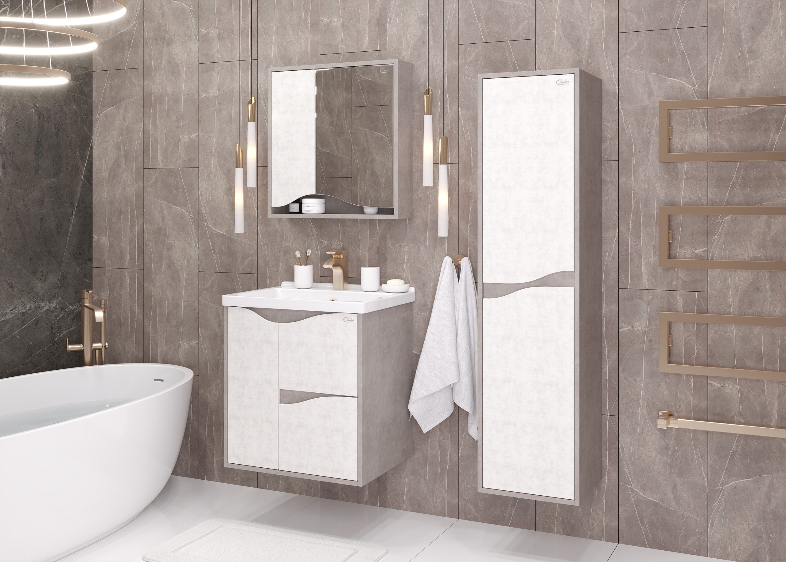 Шкаф-зеркало Onika Брендон 60 бетон крем/камень светлый