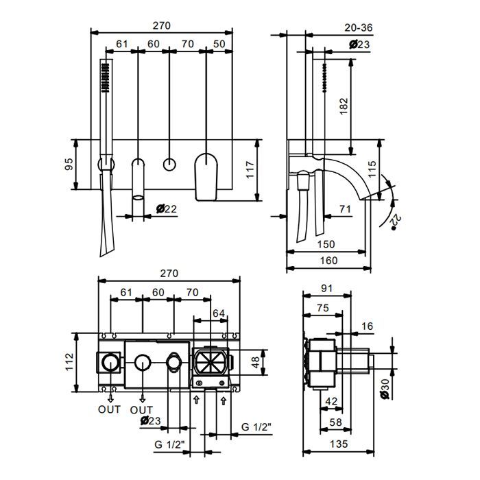 Fantini MYO Встраиваемый смеситель для ванны наружная часть, с ручной лейкой, цвет: хром