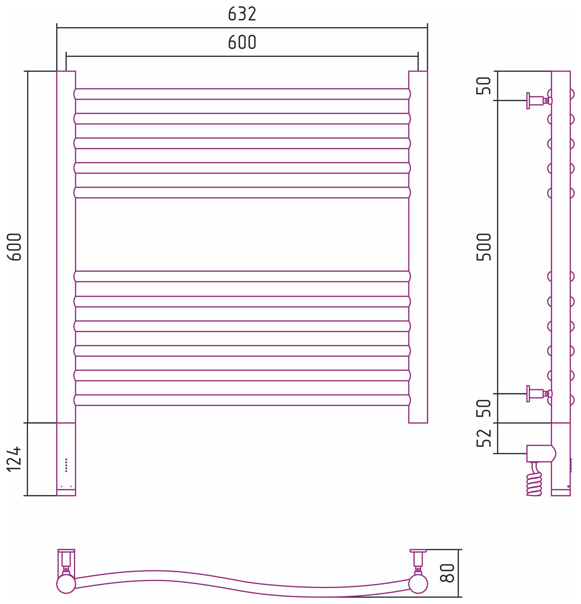 Полотенцесушитель электрический ФЛЮИД 3.0 600х600 МЭМ левый (Без покрытия)