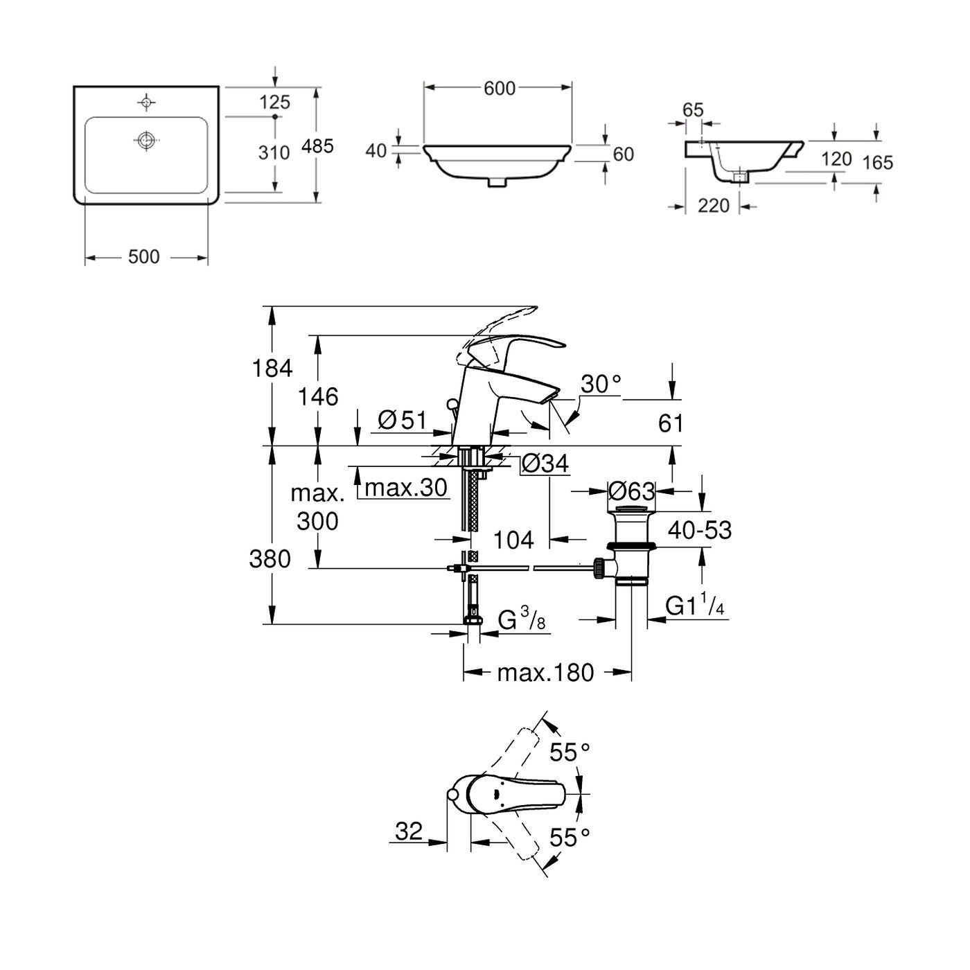 Комплект 2 в 1 Lavinia Boho Bathroom Sink 21510434, врезная фарфоровая раковина 60 см, смеситель с донным клапаном
