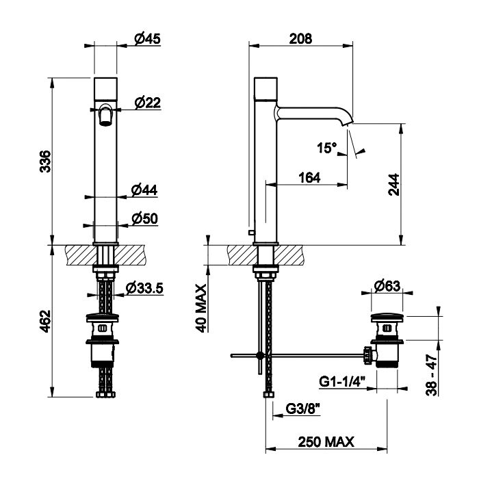 GESSI HABITO DIAMANTATO Смеситель для раковины высокий, с донным клапаном, цвет Black Metal Br. PVD