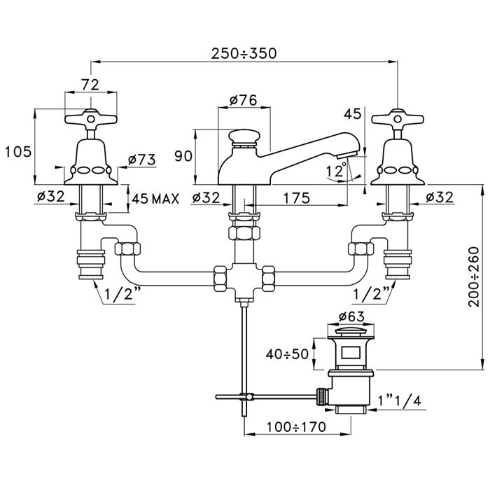 Stella Italica Смеситель для раковины на 3 отверстия 3224P EXTRA, с донным клапаном, цвет: хром