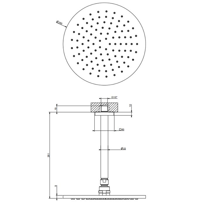 GESSI Rilievo Потолочная душевая головка шарнирная на 1/2",Ø250 мм., цвет: nero XL