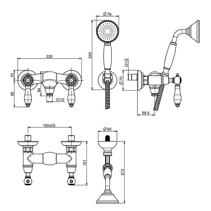 Fima Carlo Frattini Herend Смеситель для душа, настенный, с ручным душем., черные ручки, цвет: золото