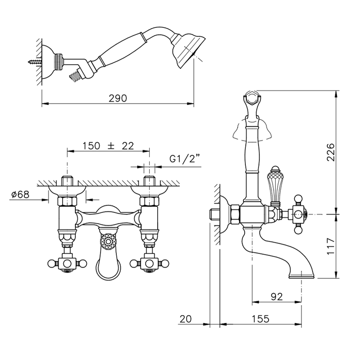 Nicolazzi Half Dome Crystal Смеситель для ванны с душем duplex настенный на 2 отверстия, излив: 155 мм, цвет: хром