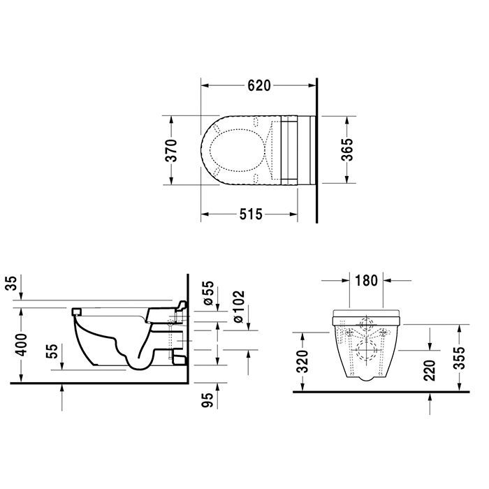 DURAVIT STARCK 3 Унитаз подвесной 620х370 мм., вертикальный смыв, с креплением Durafix, WonderGliss, цвет белый