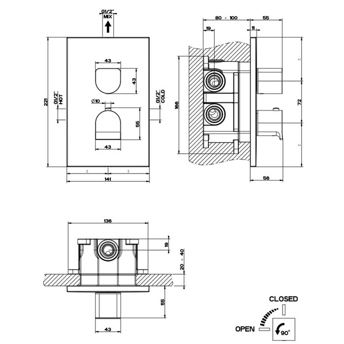 GESSI Rilievo Встраиваемый смеситель для душа, термостатический, на 1 источник (внешние части), цвет: хром